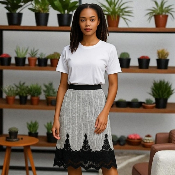 White House Black Market ✦ Dotted Elegance Midi Skirt ✦ Black Lace Eyelash Hem S - Picture 12 of 12